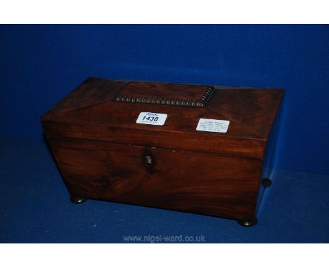 A C19th. Mahogany Sarcophagus Shaped Two Compartment Tea Caddy on Bun Feet with Space for Mixing Bowl.