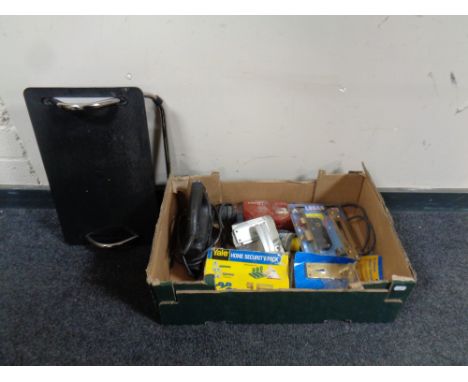 A box containing power tools to include a Hilti 110V drill, hand held saw, door furniture etc  