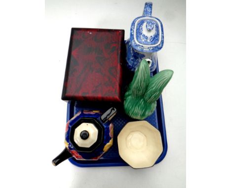 A tray containing a wooden trinket box, a Copeland Spode Italian teapot, Sylvac rabbit ornament, together with a Royal Doulto