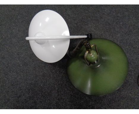 A 1970s metal pendant light fitting (green) together with a further white metal standard lamp head  