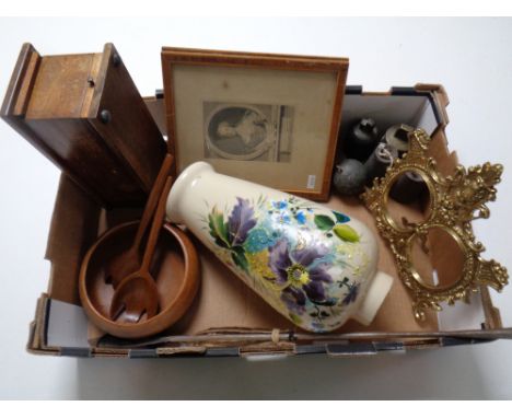 A box containing miscellaneous to include an antique glass hand painted vase, clock weights, an ornate brass twin photo frame