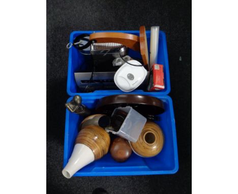 Two plastic crates of ceramic and wooden vases, figures, trinket boxes, coffee maker, food sealer etc 