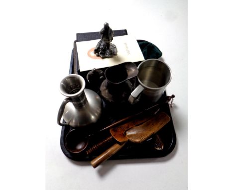 A tray containing miscellaneous to include cased and uncased cutlery, a Dickens museum figure, Mr Pickwick with certificate, 