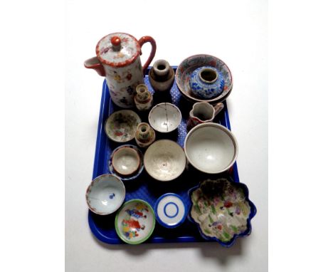 A tray containing a quantity of antique oriental wares to include teapot, tea bowls, vases etc   