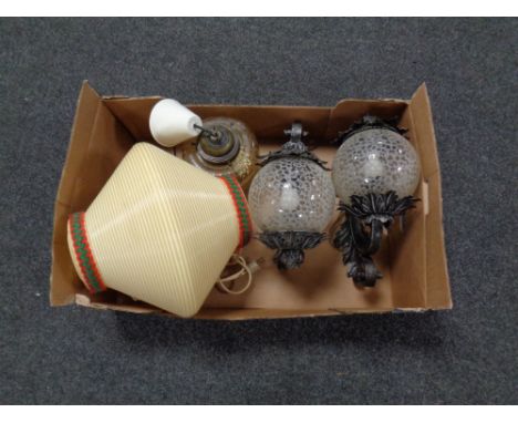 A box containing a pair of glass and metal wall lights together with a 1930s glass pendant light shade and a further mid 20th