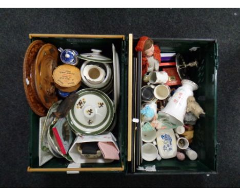 Two boxes of miscellania : ceramics, framed picture, tapestry, vintage doll, wooden plates etc 