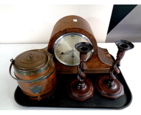 A tray containing Edwardian oak and plated biscuit barrel, pair of Edwardian oak barley twist candlesticks, together with an 