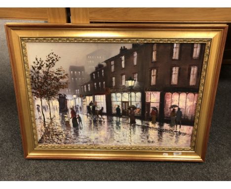 A Barry Hilton oil on canvas, figures on a lamp lit street, in a gilt frame 