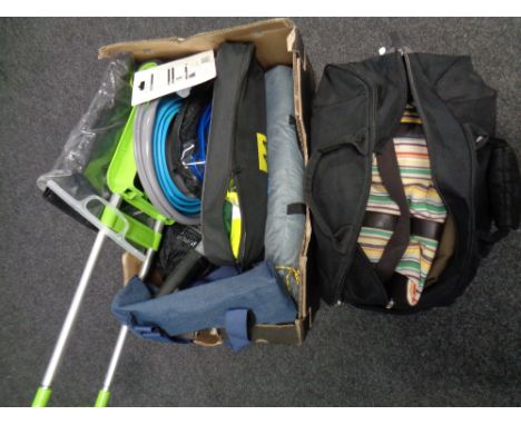 A box and a holdall of assorted bags, AA car kit, folding trolley, LED light etc 