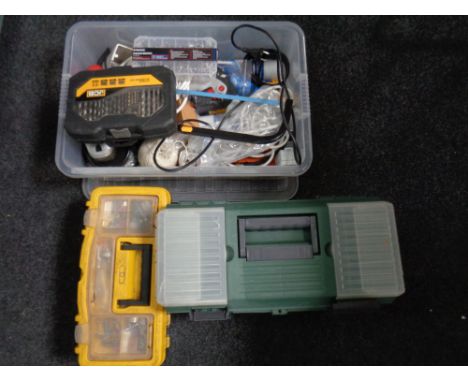 A crate and two tool boxes of hand tools, drill bits, hard ware, angle grinder etc 
