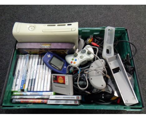 A box of Xbox 360 console, Super Nintendo Playstation II, Playstation 4 games, assorted wiring etc 