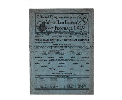TOTTENHAM HOTSPUR      Single sheet programme for the away League match v West Ham United 19/10/1946, slightly creased and ve