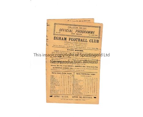 EGHAM V BROOKWOOD MH 1936      Programme for the Surrey County Senior Cup tie at Egham 24/10/1936, creases, minor tears to ed