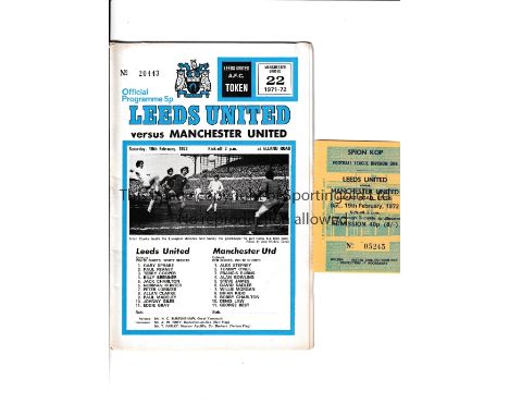 MANCHESTER UNITED        Programme and ticket for the away League match v Leeds United 19/2/1972, rusty staples.       Genera