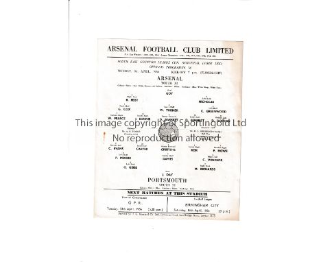 ARSENAL       Single card programme for the home First leg of the South East Counties League Cup Semi-Final v Portsmouth 9/4/