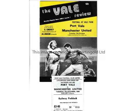 MANCHESTER UNITED       Programme and ticket for the away Littlewoods Cup 2nd round tie v Port Vale 7/10/1986, horizontal cre