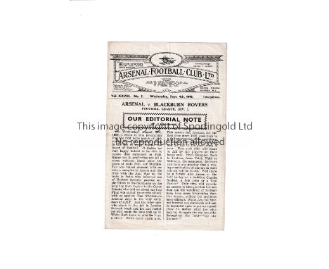 ARSENAL / FIRST HOME LEAGUE MATCH AFTER WWII      Programme for the match v Blackburn Rovers 4/9/1946, slightly creased.     
