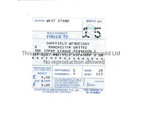 MANCHESTER UNITED     Ticket for away league game at Sheffield Wednesday 21/3/1987.      Good