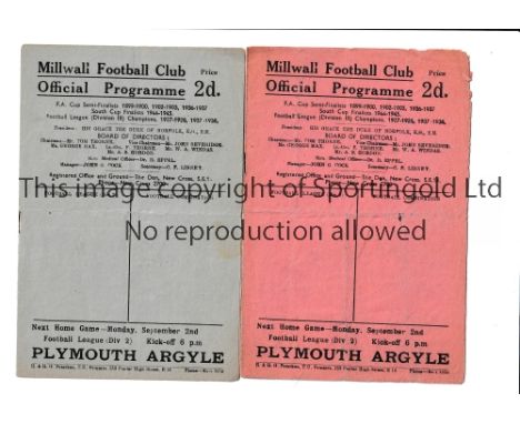 MILLWALL V NEWCASTLE UNITED 1946 / FIRST LEAGUE MATCH AFTER WWII      Two different colour programme for the match at Millwal