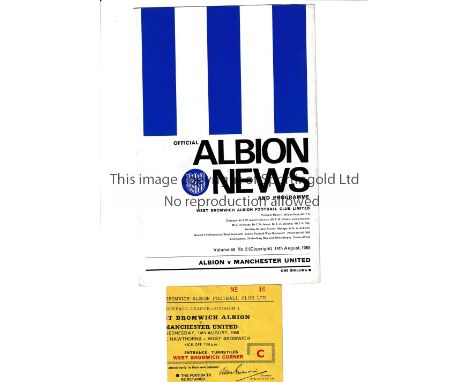 MANCHESTER UNITED         Programme and ticket for the away League match v West Bromwich Albion 14/8/1968, staple rusted away