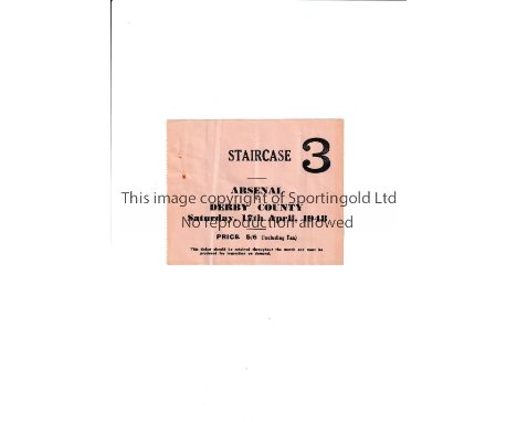 ARSENAL      Ticket for the home League match v Derby County 17/4/1948 in Arsenal's Championship season. Staple holes.       