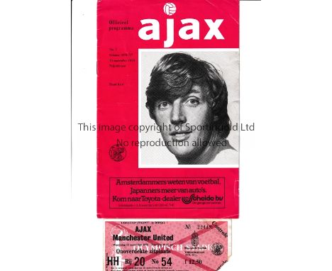 MANCHESTER UNITED     Programme and ticket for the away UEFA Cup tie  v Ajax 15/9/1976. Both are very slightly creased.     G