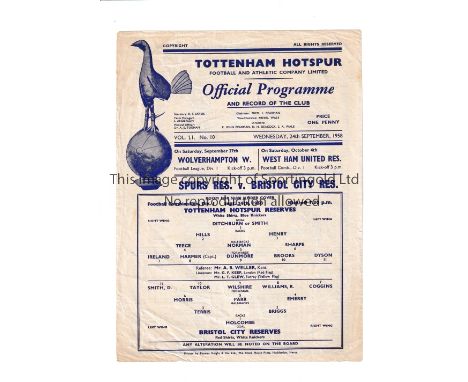 TOTTENHAM HOTSPUR     Single sheet programme for the home Football Combination match v Bristol City 24/9/1958, very slightly 
