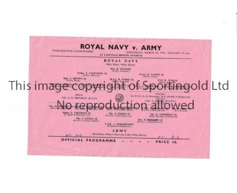 DUNCAN EDWARDS / MANCHESTER UNITED   Single sheet programme for Royal Navy v Army at Bristol Rovers on 7/3/1956. Half time an