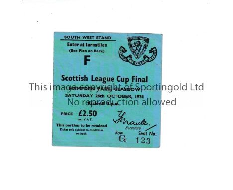 1974 SCOTTISH LEAGUE CUP FINAL     Ticket for Celtic v Hibernian. Celtic won 6-3. Slight horizontal fold.     Generally good