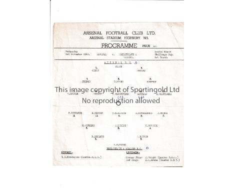 ARSENAL      Single sheet programme for the home London Minor Cup tie v Bexleyheath &amp; Welling 1/11/1961, trimmed at the b