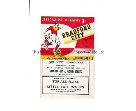 BRADFORD CITY V WORKSOP TOWN 1955 FA CUP   Programme for the tie at Bradford City 10/12/55. Rusty staple.   Generally good