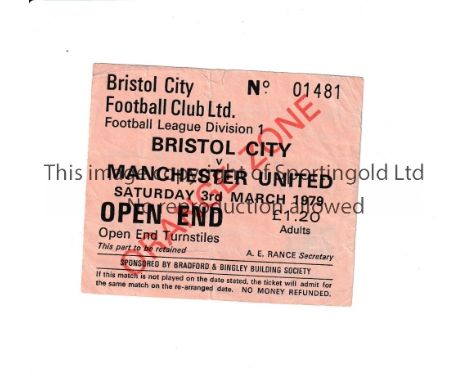 MANCHESTER UNITED         Ticket for the away League match v Bristol City 3/3/1979, creased.        Generally good