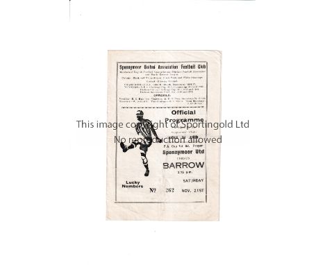 SPENNYMOOR UNITED V BARROW 1953 FA CUP   Programme for the tie at Spennymoor 21/11/53. Slight fold.   Generally good