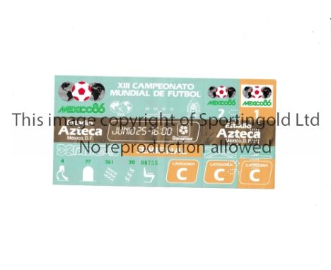 1986 WORLD CUP      Unused ticket for Semi-Final, Argentina v Belgium 25/6/1986 at the Aztec Stadium. Staple holes on the lef