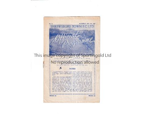 SHREWSBURY TOWN V TRANMERE ROVERS 1950 / SHREWSBURY FIRST LEAGUE SEASON        Programme for the League match at Shrewsbury 2
