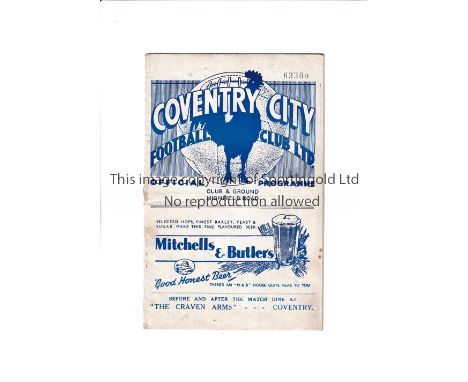 COVENTRY CITY V WEST BROMWICH ALBION 1937 FA CUP        Programme for the FA Cup 5th round tie 20/2/1937, horizontal crease, 