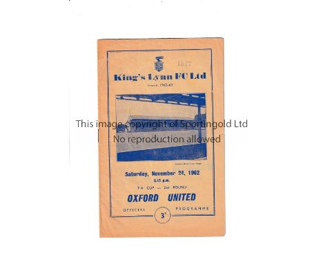 KING'S LYNN V OXFORD UNITED 1962 FA CUP / OXFORD UNITED FIRST LEAGUE SEASON        Programme for the FA Cup 2nd round at King