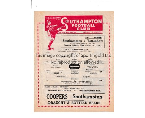 TOTTENHAM HOTSPUR          Single sheet programme for the away FA Cup 6th round tie v Southampton 28/2/1948, minor wear and t