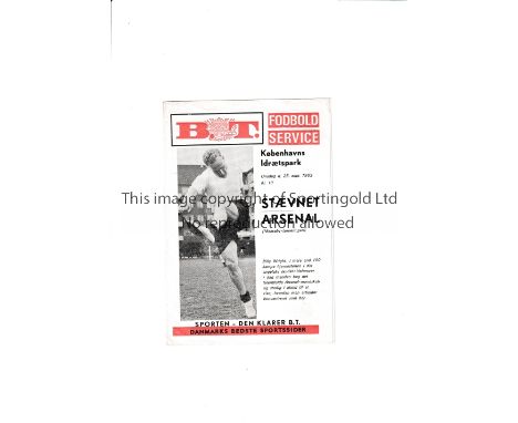 ARSENAL / FIRST COMPETITIVE EUROPEAN MATCH      Programme for the away Inter Cities Fairs Cup tie v Staevnet 25/9/1963.     G