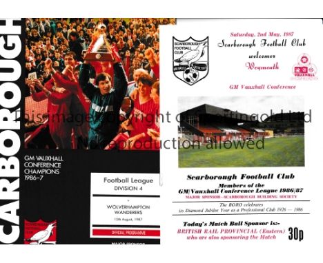 SCARBOROUGH FC / FIRST AND LAST        Two home programmes, including the last match in the non-League v Weymouth 2/5/1987 an