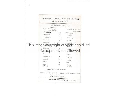 ARSENAL      Single sheet programme for the home F.A. Youth Cup tie v Southampton 7/3/1967.      Good