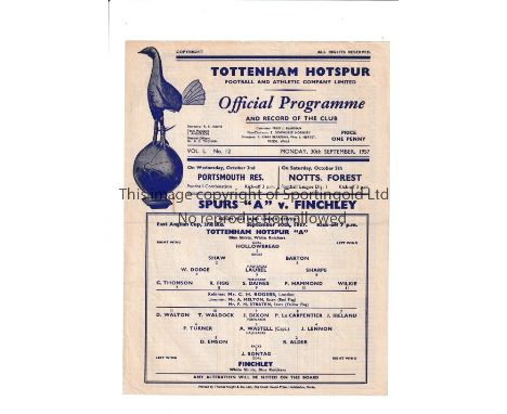 TOTTENHAM HOTSPUR     Single sheet programme for the home East Anglian Cup tie v Finchley 30/9/1957.     Good