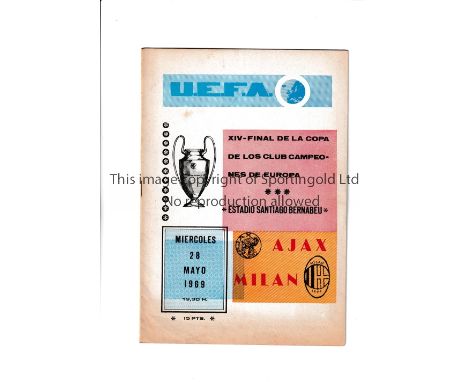 1969 EUROPEAN CUP FINAL     Programme for Ajax v AC Milan 28/5/1969 in Madrid.     Generally good