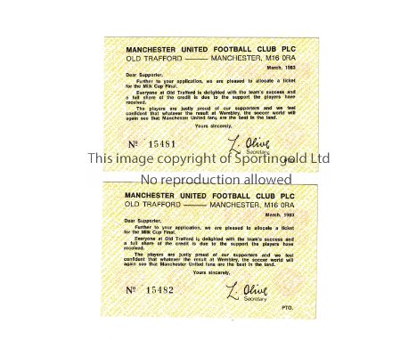 MANCHESTER UNITED    Two vouchers to apply for a ticket for the Manchester United supporters 1983 League Cup Final.   Good