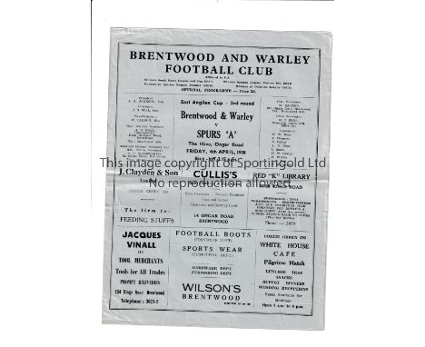 TOTTENHAM HOTSPUR          Programme for the away East Anglian Cup 3rd round tie v Brentwood &amp; Warley 4/4/1958, horizonta