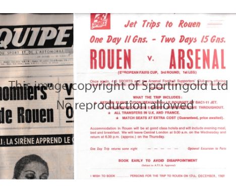 ARSENAL           French sports newspaper L'Equipe 17/12/1969 and a copy 4S Sports travel flyer for the away Fairs Cup tie v 