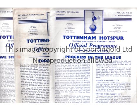 TOTTENHAM HOTSPUR RESERVES     Five programme's for Reserve matches at Tottenham v 1958/9 Arsenal, 1959/0 Southampton, Luton,