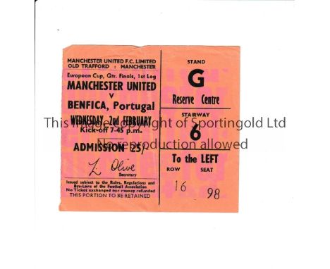 MANCHESTER UNITED    Ticket for home European Cup game v Benfica played on 2/2/1966, slightly creased.     Generally good