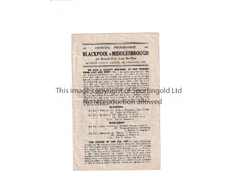 NEUTRAL AT LEEDS UNITED 1946 / BLACKPOOL V MIDDLESBROUGH FA CUP     Programme for the tie at Elland Road 4/2/1946, creased an