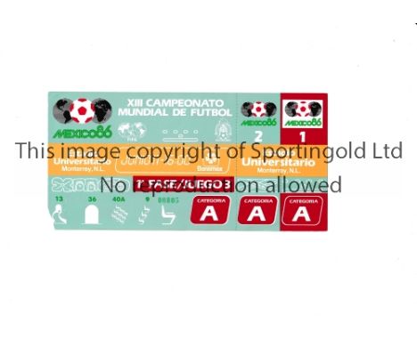 1986 WORLD CUP      Unused ticket for Poland v England 11/6/1986 at the University Stadium, Monterrey, staple holes on the le